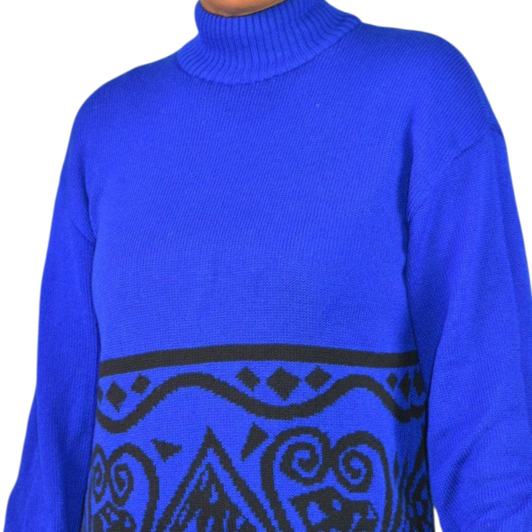 Vintage St John Sportswear Sweater Royal Blue Marie Gray Patterned Turtleneck Medium