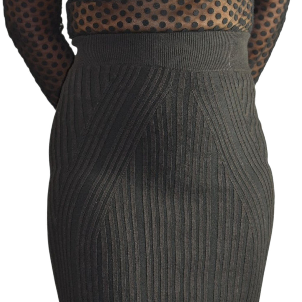 French Connection Jolie Knit Skirt Brown Stretch Pencil Midi Ribbed Texture Knee Length 2