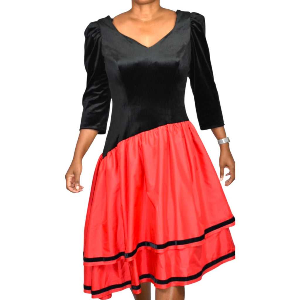 Vintage 80s Black Velvet Dress Red Taffeta Asymmetrical Ruffle Tiered Stretch Handmade Large
