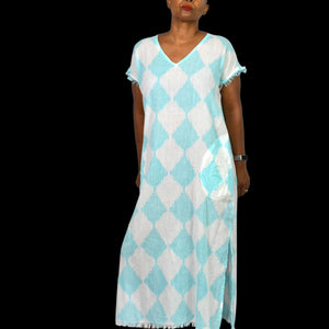 Lula Soul Cotton Caftan Blue Diamond Print Fringe Lightweight Dress Maxi Slits Cover Up Tunic XS