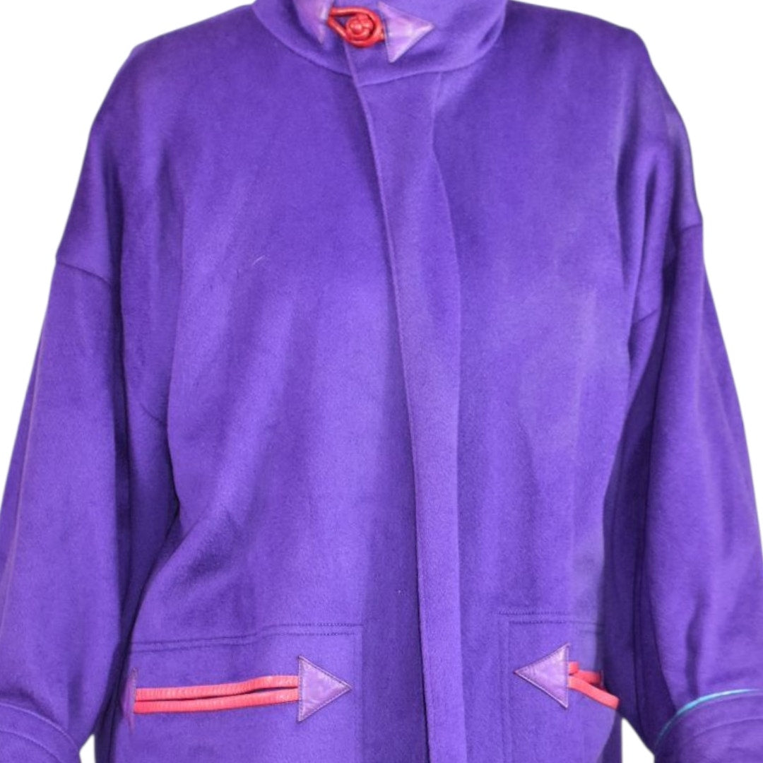 Vintage Purple Maxi Coat 90s Zip Felted Wool Blend Oversized Leather Trim Long Large OSFM