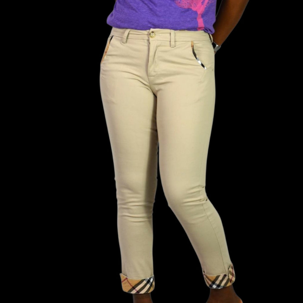 Burberry Khaki Pants Tan Nova Check Chino Cuff Tapered Ankle Cropped Low Rise 26