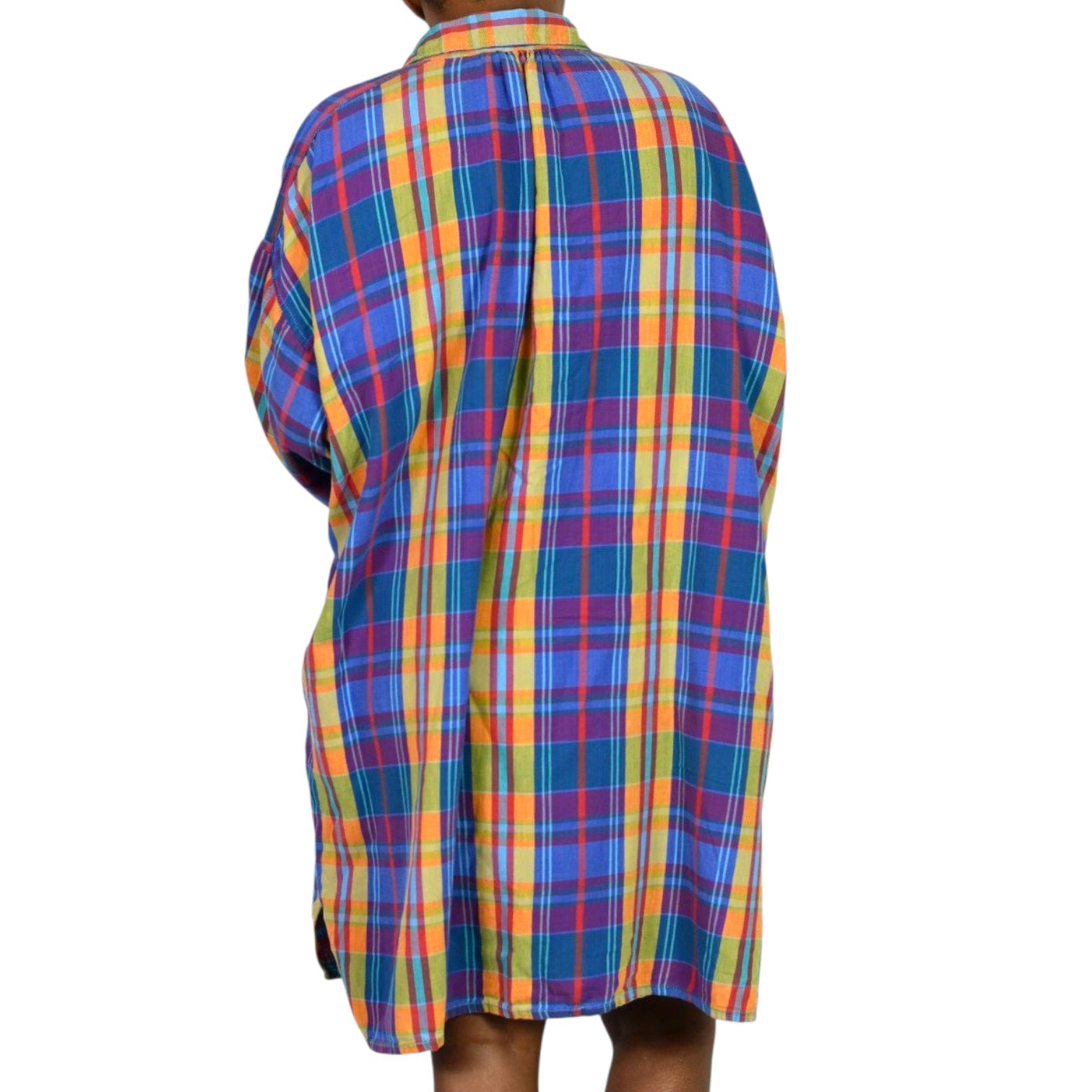 Bloomingdales Lingerie Vintage Nightshirt Blue Plaid Check Bloomies Shirtdress Button Front Dress Pockets Cotton Oversized One Size