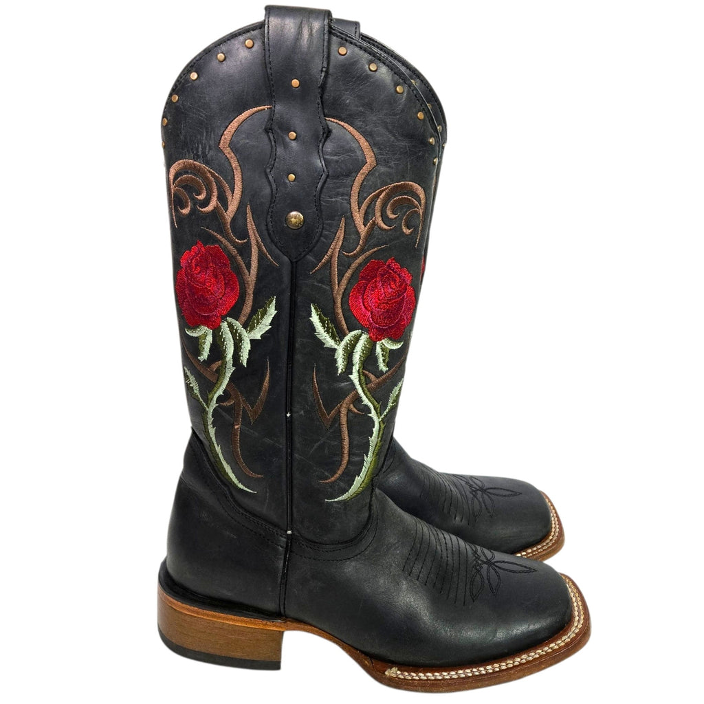 Rockem Rose Embroidered Cowboy Boots Black Western Cowgirl Square Toe Leather 7 Girls