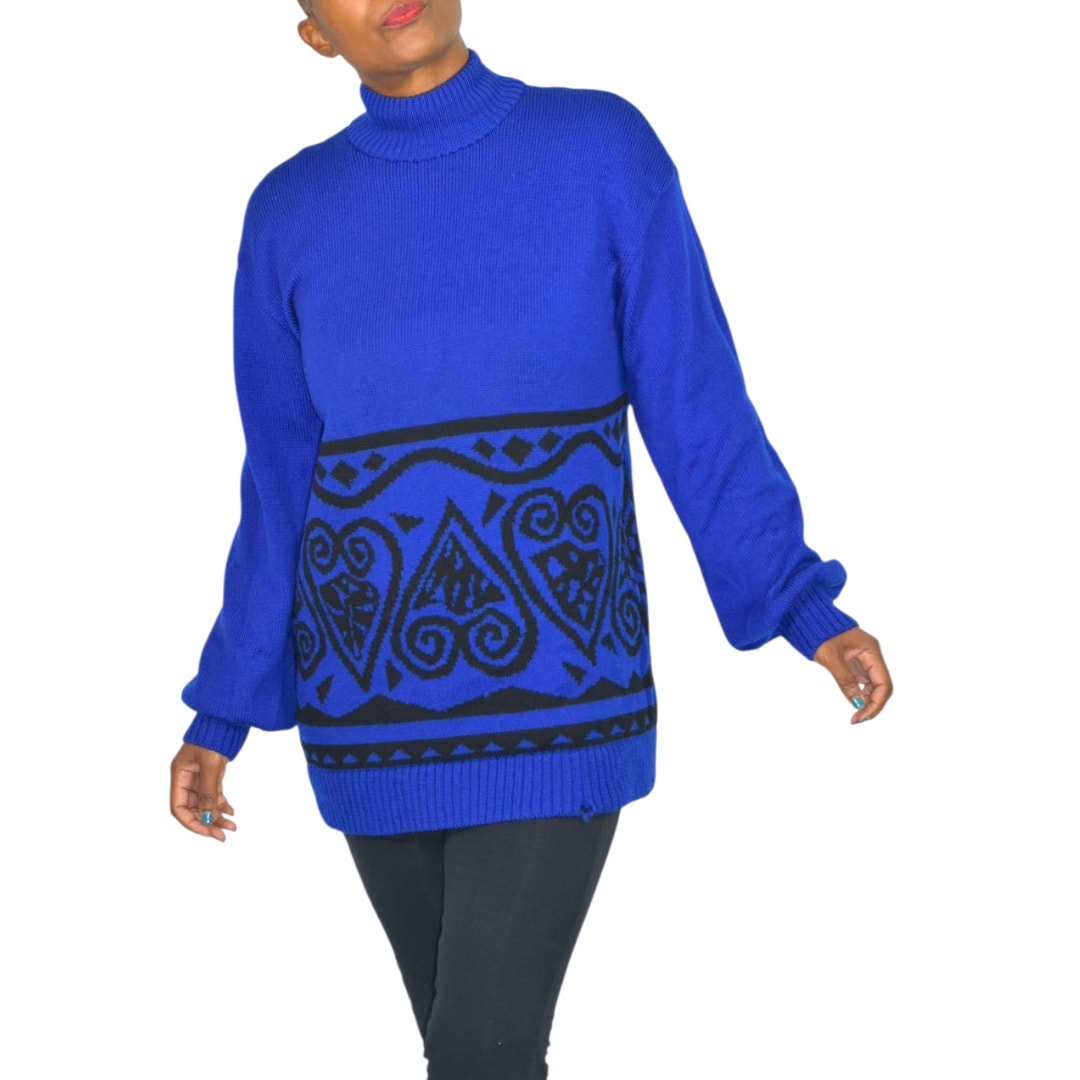 Vintage St John Sportswear Sweater Royal Blue Marie Gray Patterned Turtleneck Medium