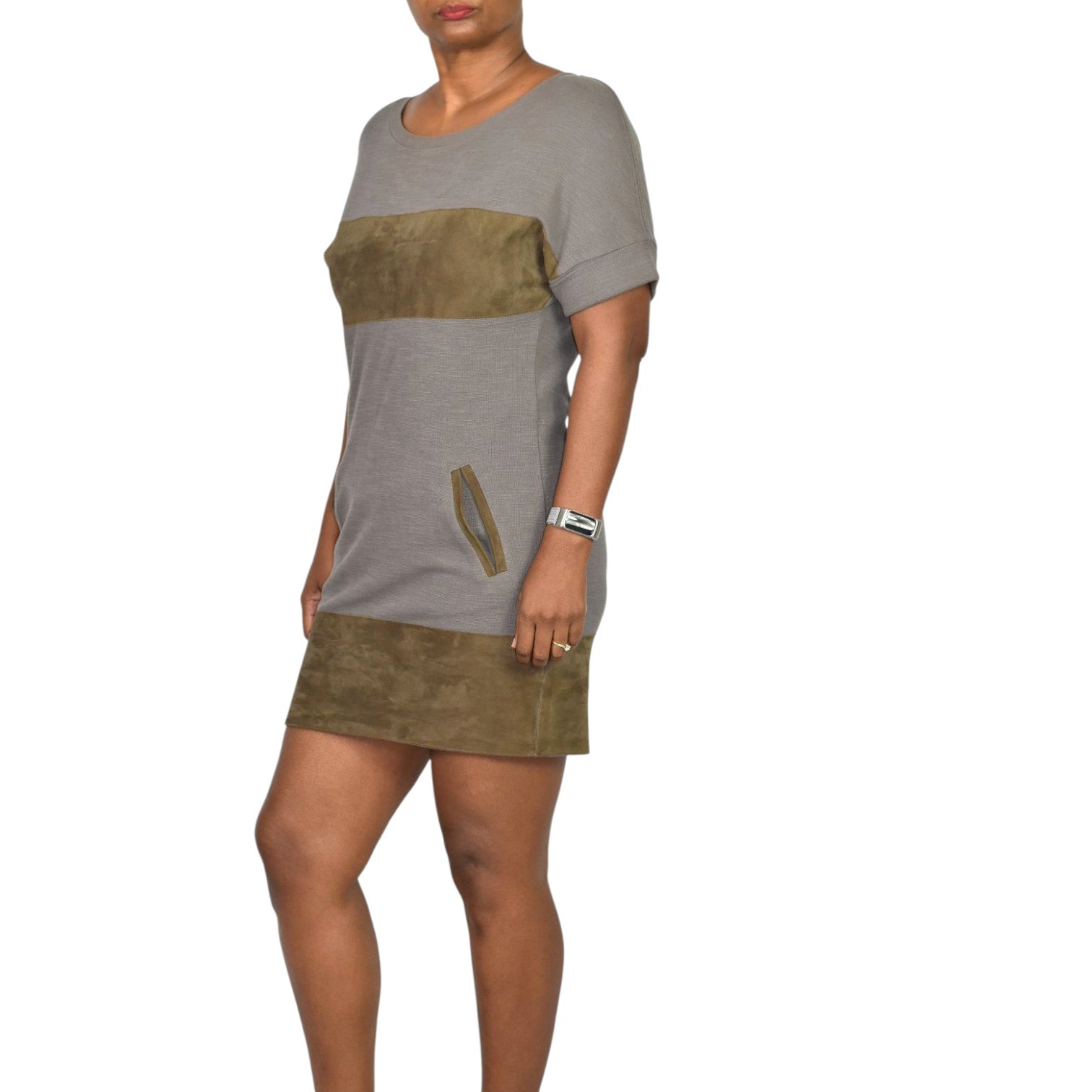 Allsaints Diego Tee Dress Grey Cotton Suede Colorblock Shift Knit Mini Pockets Minimalist XS