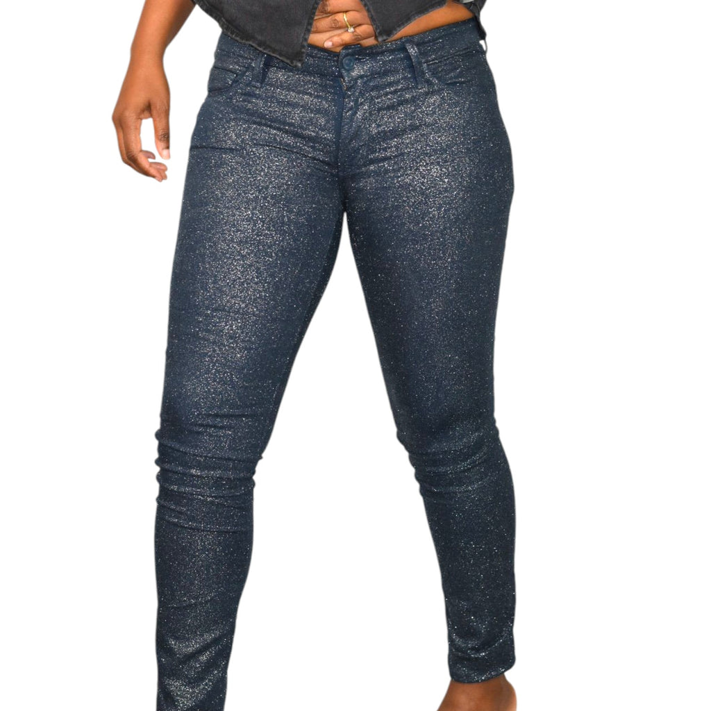 Mother The Looker Jeans Blue Denim Shimmer Glimmer Skinny Low Rise Stretch Sparkle 26