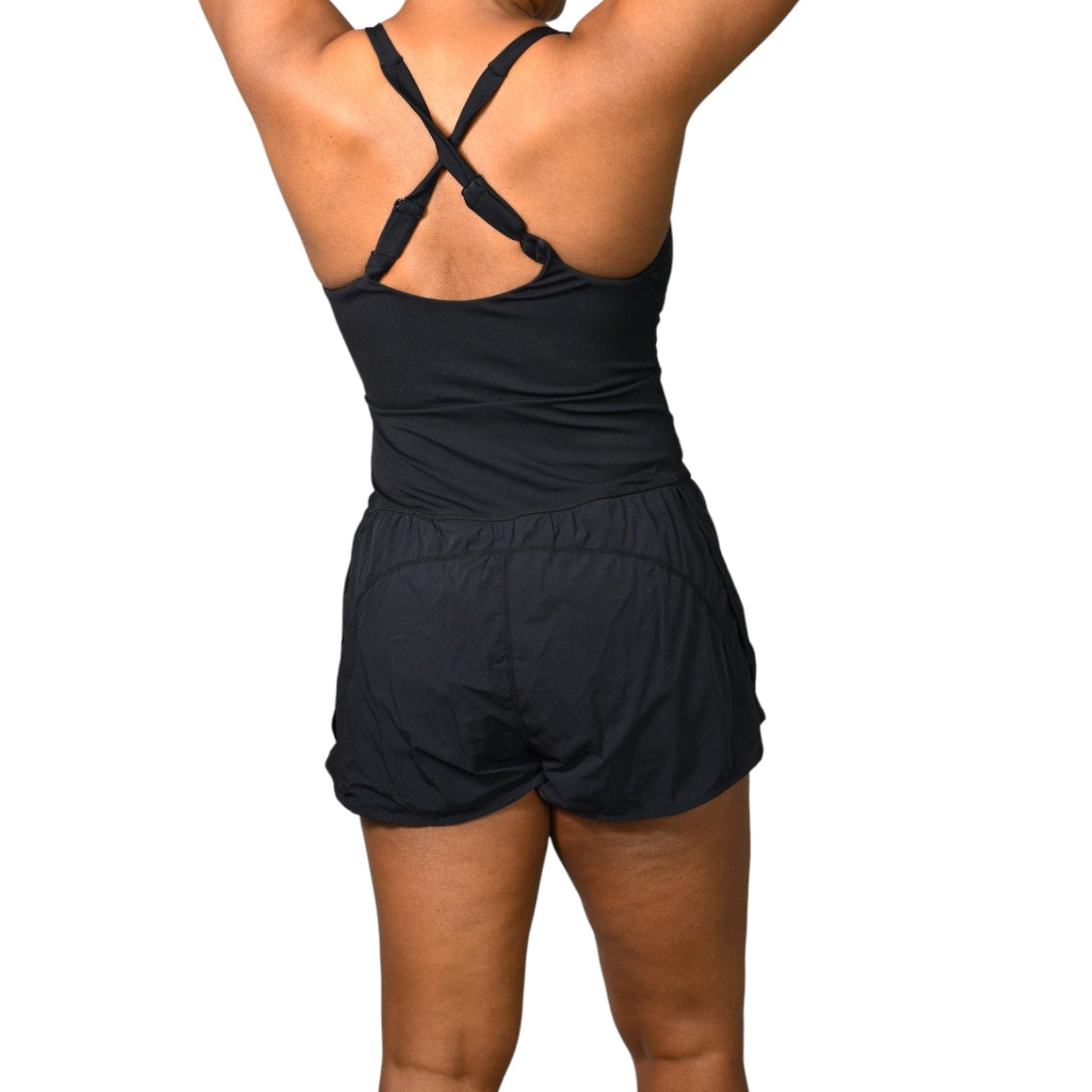 Black Romper Shorts Cut Out Playsuit Sport Criss Cross Straps Athletic Running Hidden Pockets Medium