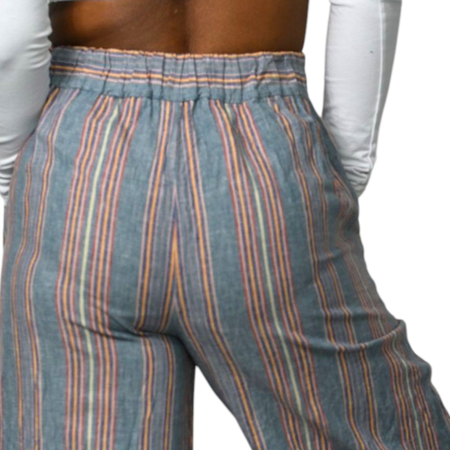 Madewell Huston Crop Pants Blue Side Button Pull On Linen Stripe Wide Leg High Waist Small
