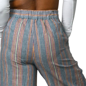 Madewell Huston Crop Pants Blue Side Button Pull On Linen Stripe Wide Leg High Waist Small