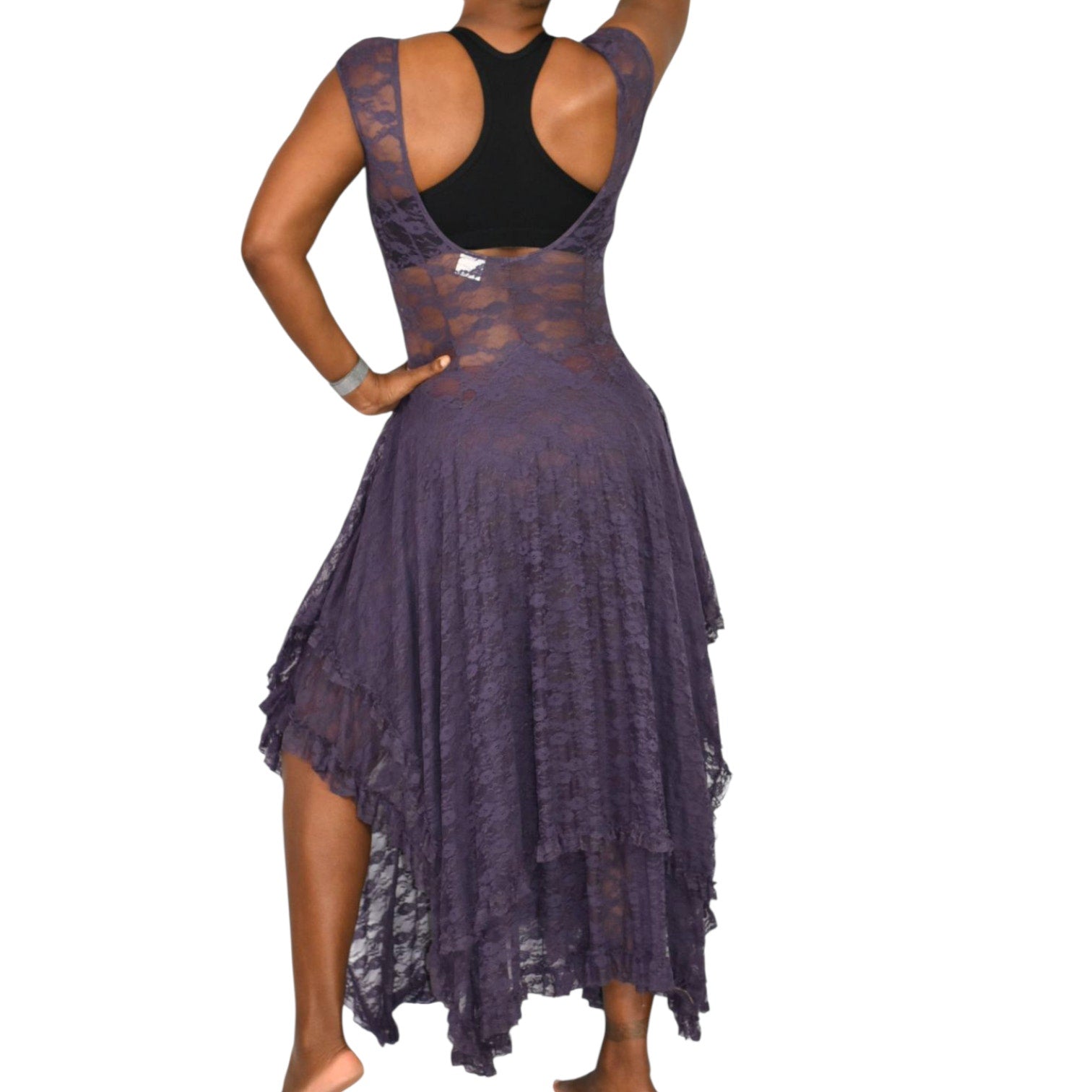 Free People French Courtship Slip Dress Purple Stretch Lace Sheer Midi Asymmetric Handkerchief Hem XS
