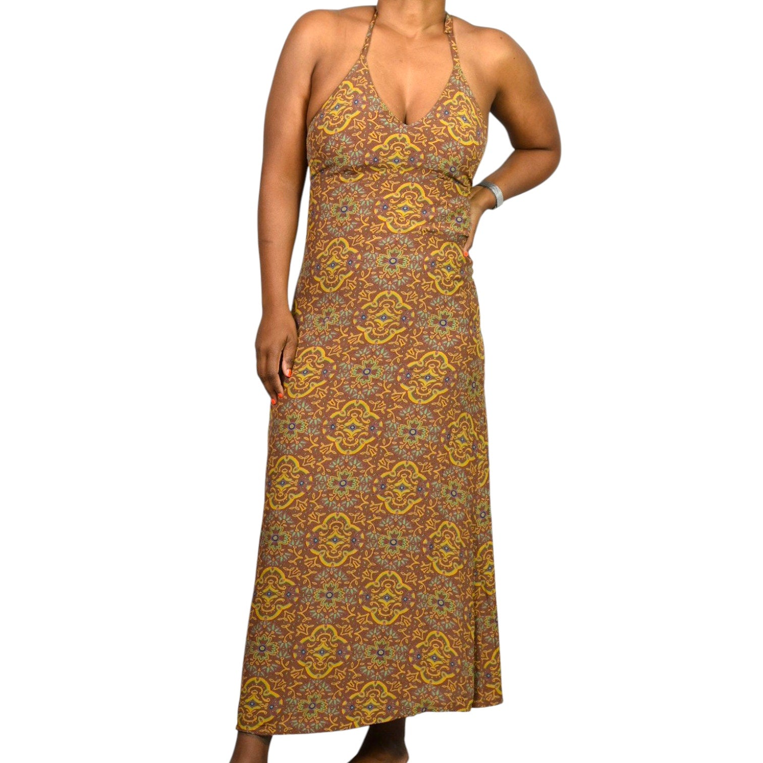 Vintage Gap Halter Dress Brown Mandala 90s Grunge Long Maxi Rayon Block Print Small