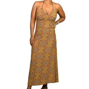 Vintage Gap Halter Dress Brown Mandala 90s Grunge Long Maxi Rayon Block Print Small
