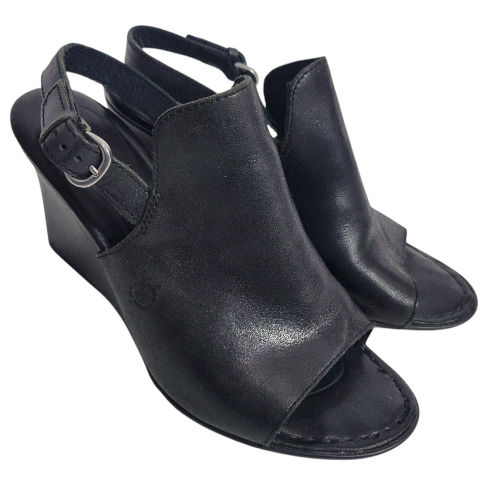 Born Bevi Wedge Heels Black Open Toe Leather Slingback Comfort Cushioned Buckle 7