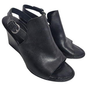 Born Bevi Wedge Heels Black Open Toe Leather Slingback Comfort Cushioned Buckle 7