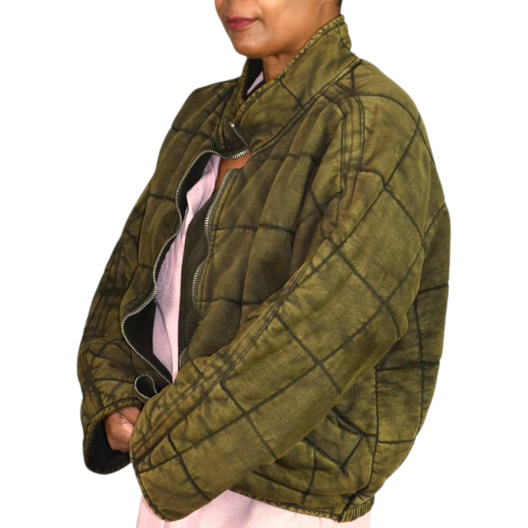 Free People Dolman Quilted Knit Jacket Green Olive Bomber Oversized Cotton Coat XS