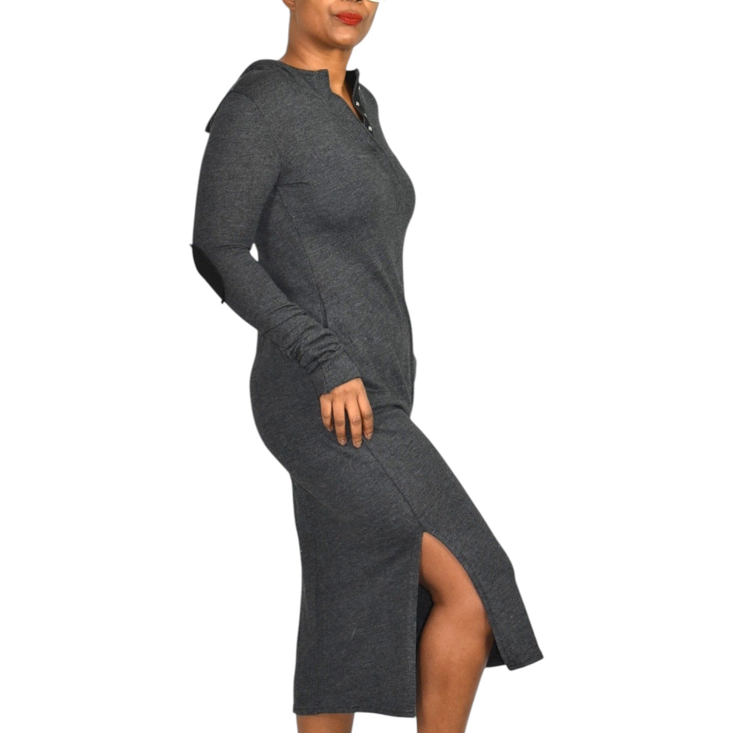 Noctex Sweater Dress Grey Charcoal Wool Midi Hooded Pockets Slits Elbow Patches XS