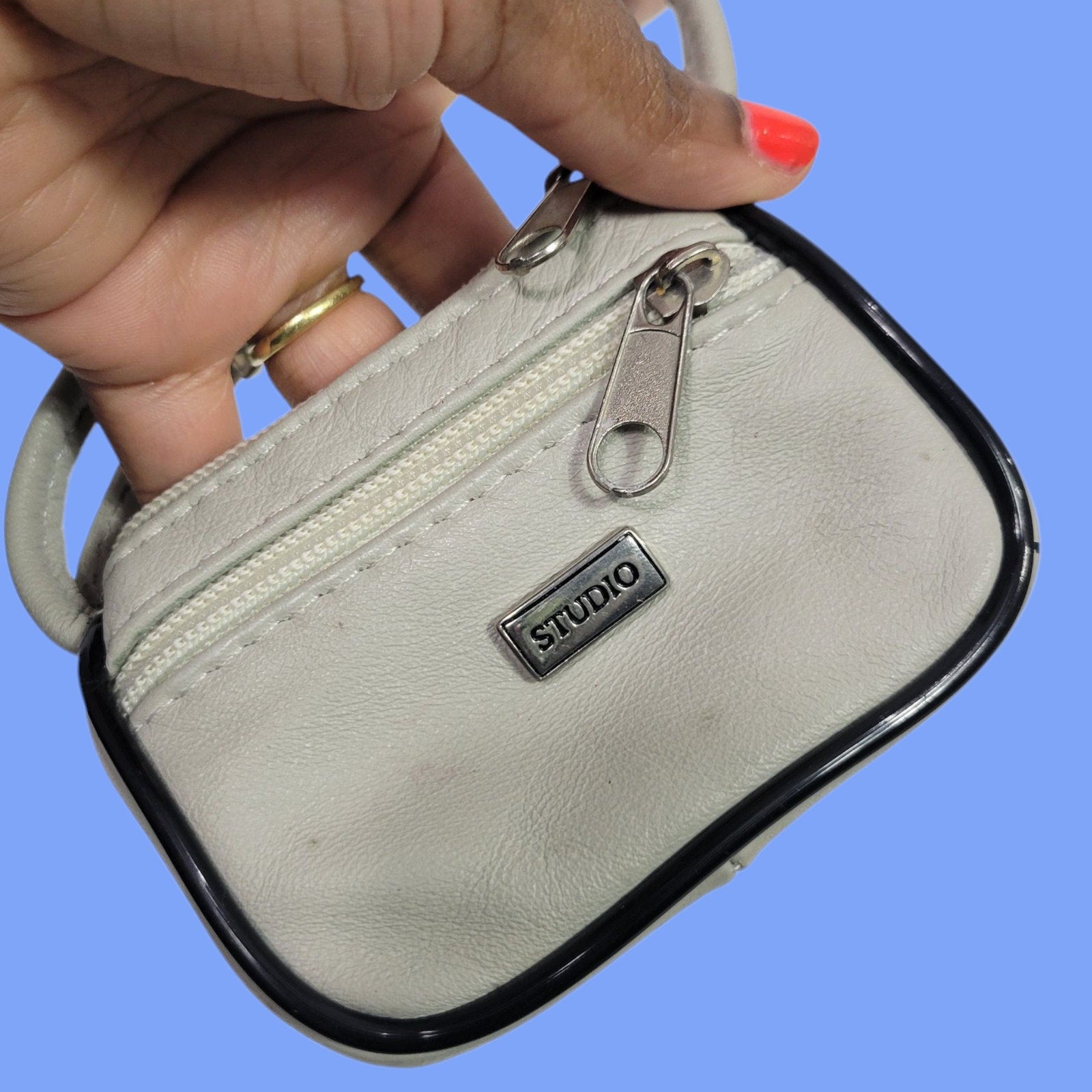 Vintage Studio Tiny Leather Bag Taupe Beige Coin Purse Pouch Change Handles Mini Satchel