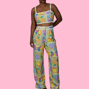 Fore Fruit Print Pant Set Yellow Block Print Matching CoOrd Crop Top Wide Leg Medium