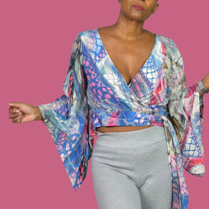 Leifsdottir Serpent Charmer Silk Blouse Top Blue Wrap Watercolor Print Kimono Sleeve Anthropologie 6