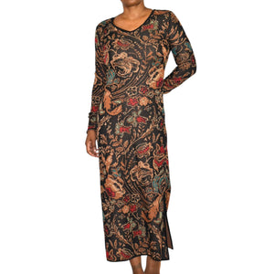 Peruvian Connection Floral Tapestry Jacquard Sweater Dress Black Cotton Knit Print Long Sleeves Midi Small