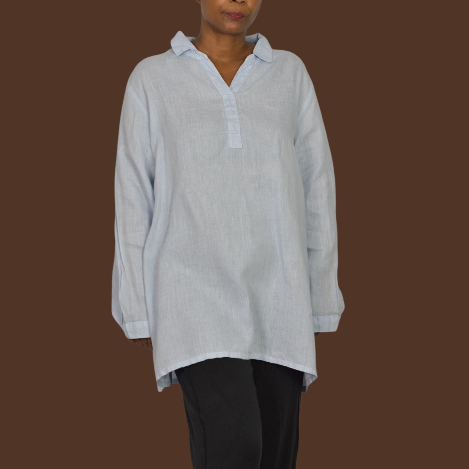 Match Point Linen Tunic Light Blue Collared V Neck Long Sleeve Popover Shirt XL