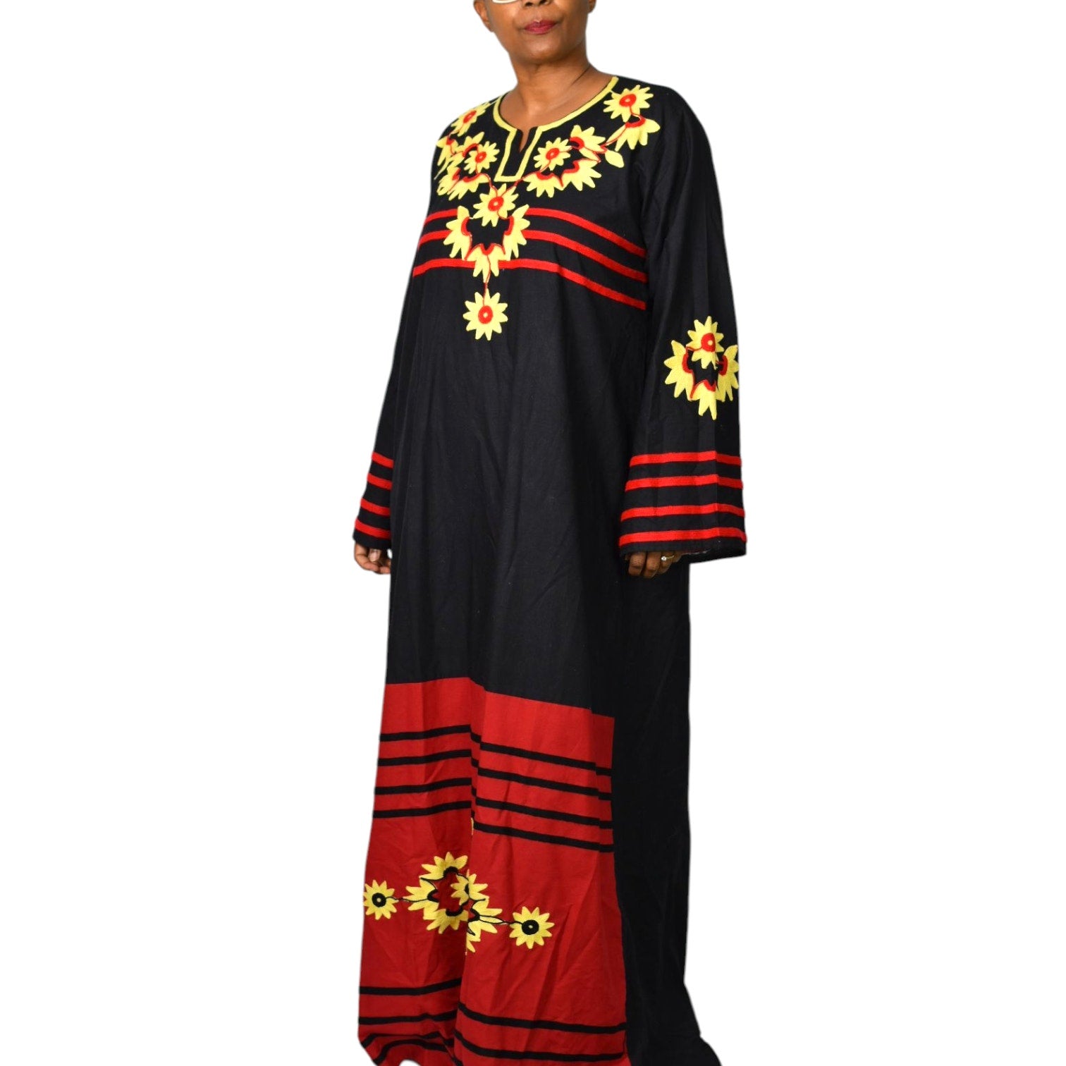 Egyptian Embroidered Caftan Dress Black Long Cover Up Tunic Floral Embroidery Yellow Large