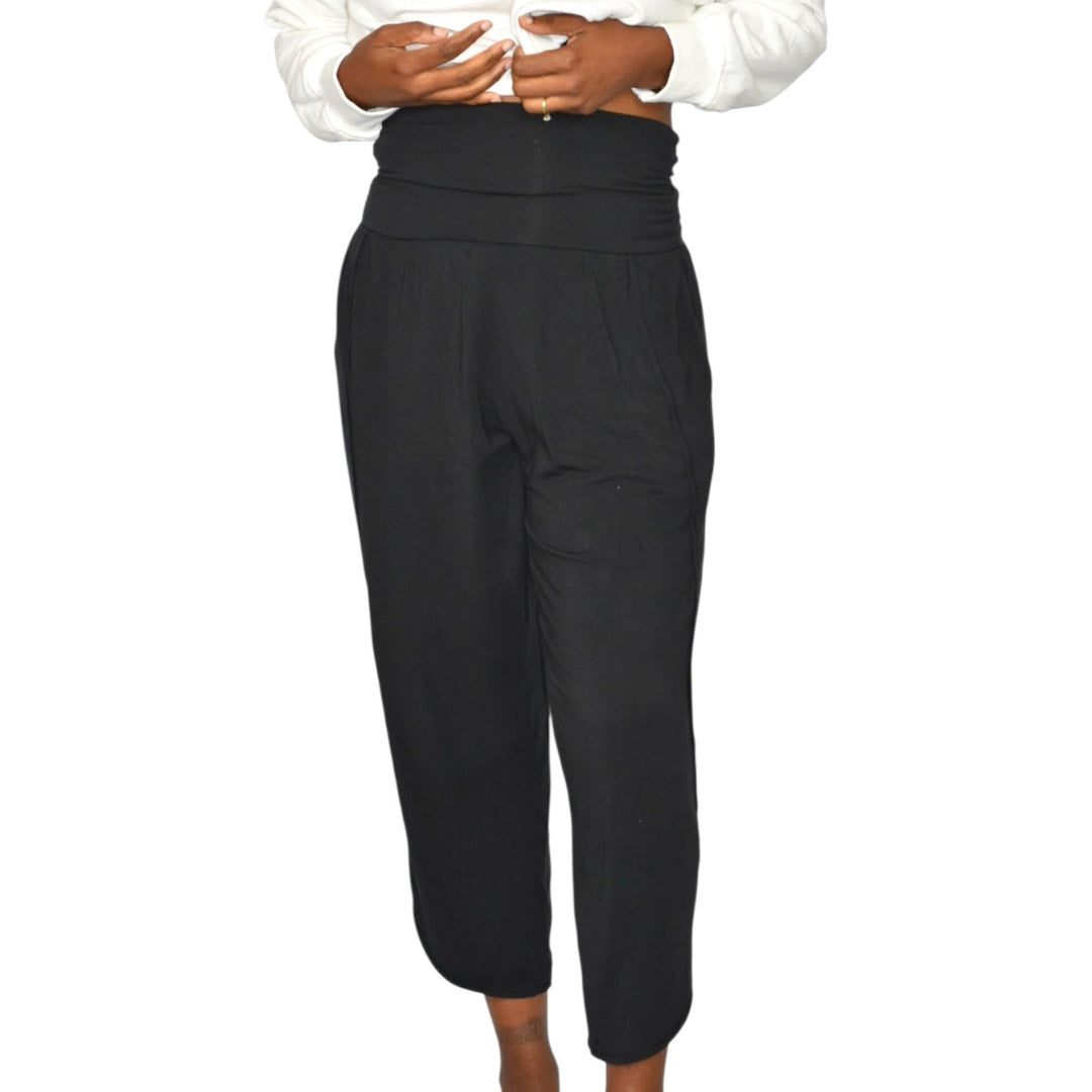 Athleta Flow With It Pant Pants Black Harem Tulip Hem Cropped Wide Leg Stretch Jersey Modal XS