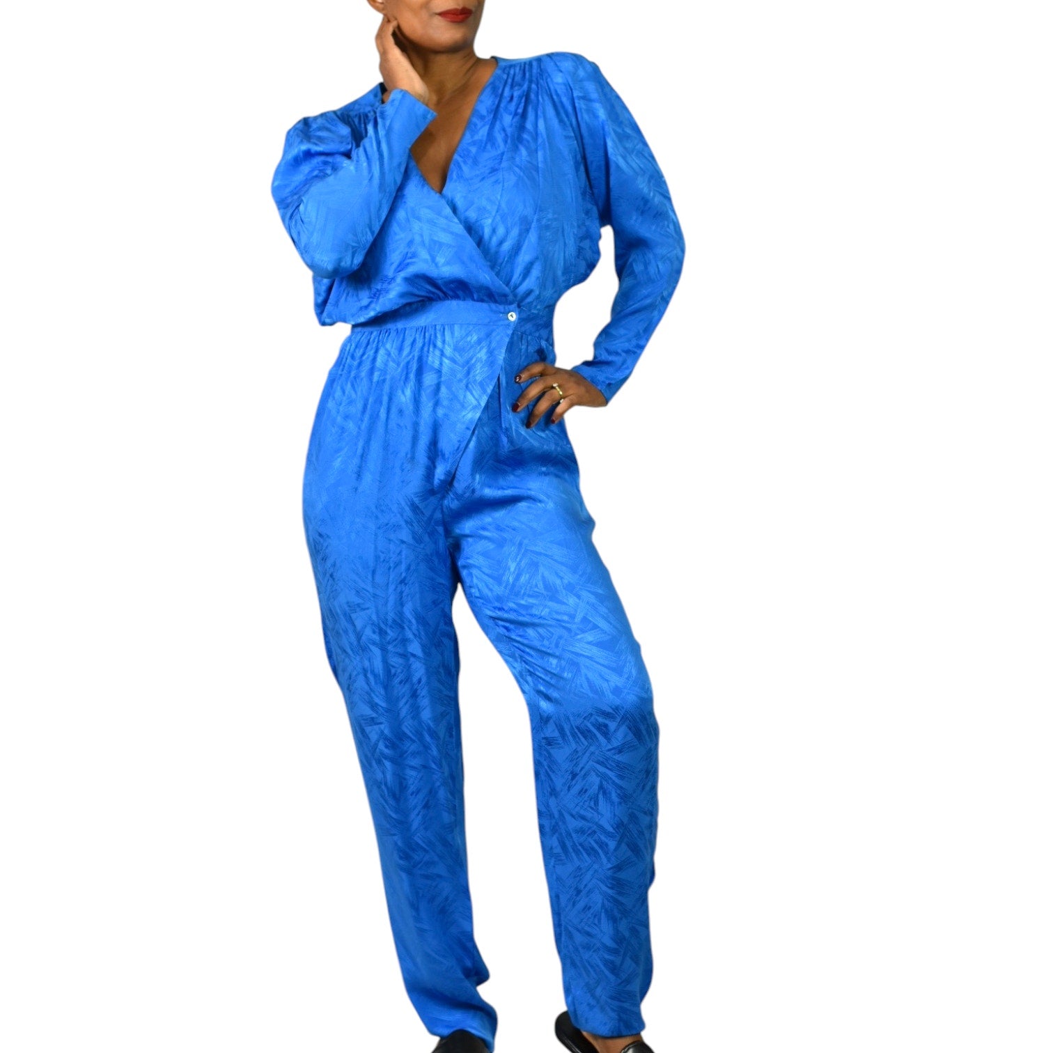 Nora Noh Silk Jumpsuit Blue Vintage Silky Shoulder Pads Tapered Boilersuit Jacquard Small