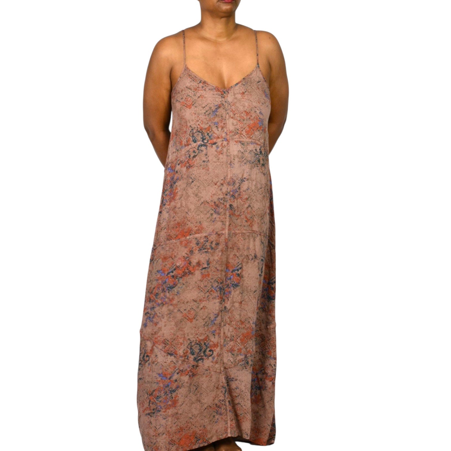 Hinge Slip Dress Brown Print Maxi Rayon Sundress Spaghetti Straps Lounge Tent Flowy Simple Small