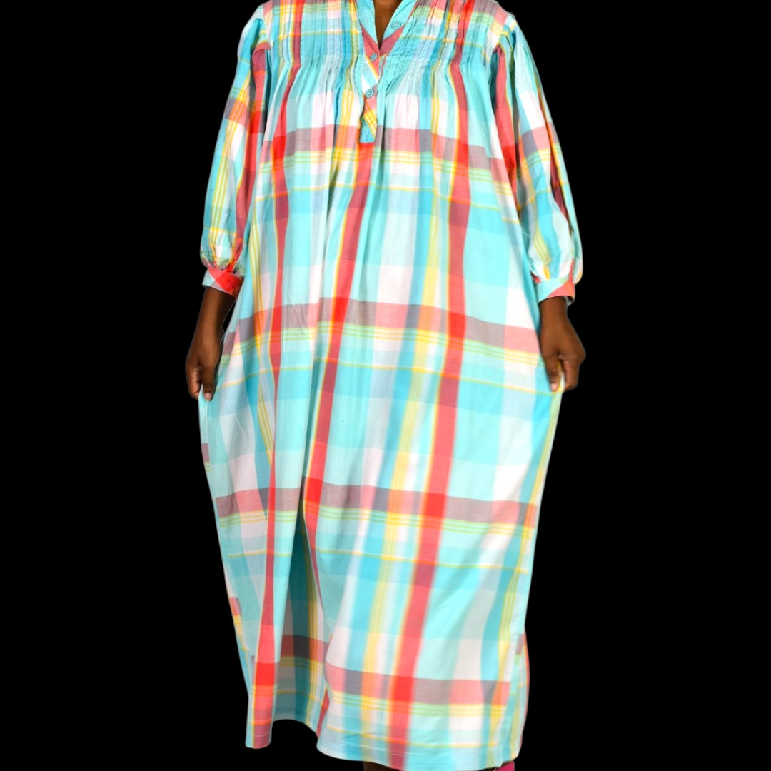 Vintage Saybury Nightshirt Blue Plaid Check Shirtdress Dress Pockets Cotton Pastel Oversized Muumuu Small