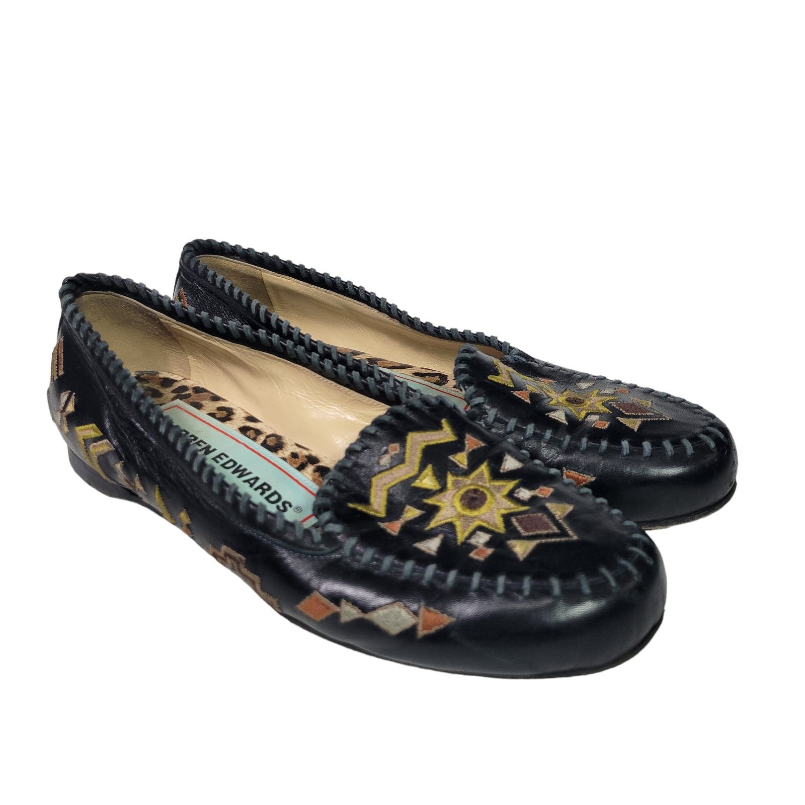 Warren Edwards Sham Vibes Flats Black Moccasin Loafers Embroidery Leather Slip On Size 8