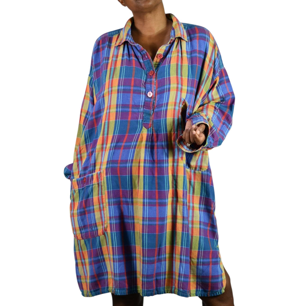 Bloomingdales Lingerie Vintage Nightshirt Blue Plaid Check Bloomies Shirtdress Button Front Dress Pockets Cotton Oversized One Size