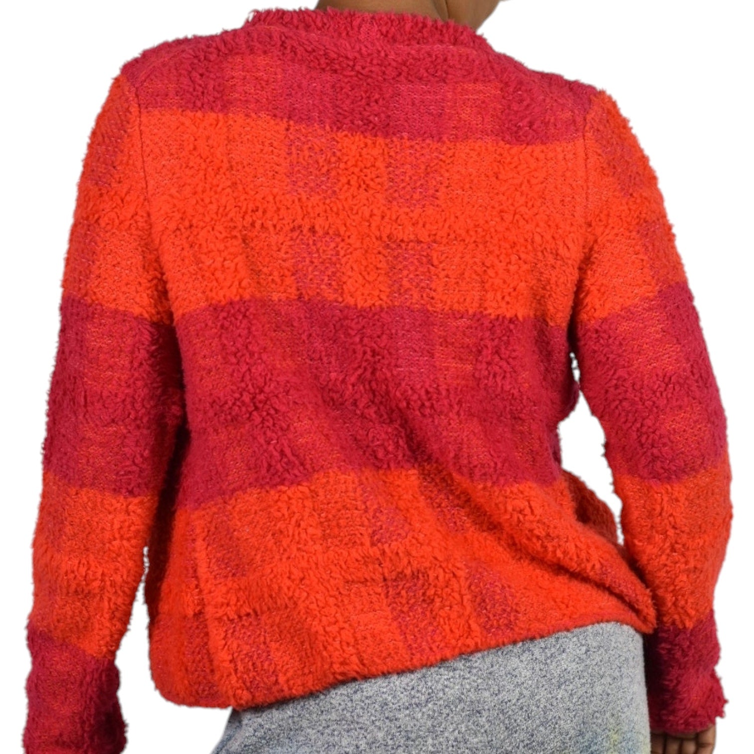 Marc Cain Boucle Sweater Jacket Pink Colorblock Furry Texture Pile Cardigan Wool Alpaca Open Size 6