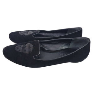 Alexander McQueen Skull Loafers Black Suede Flats Leather Sequin Slip On Semi Pointed Toe 39.5 9.5