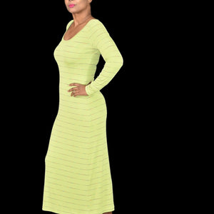 Vintage Dennis Goldsmith Maxi Dress Green Chartreuse Ribbed Jersey Rainbow Stripe Stretch Size Medium