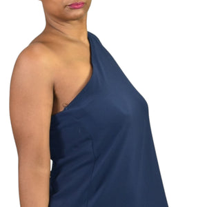 VICI Tyche One Shoulder Dress Blue Caftan Grecian Goddess Maxi Side Slit Draped Size Small