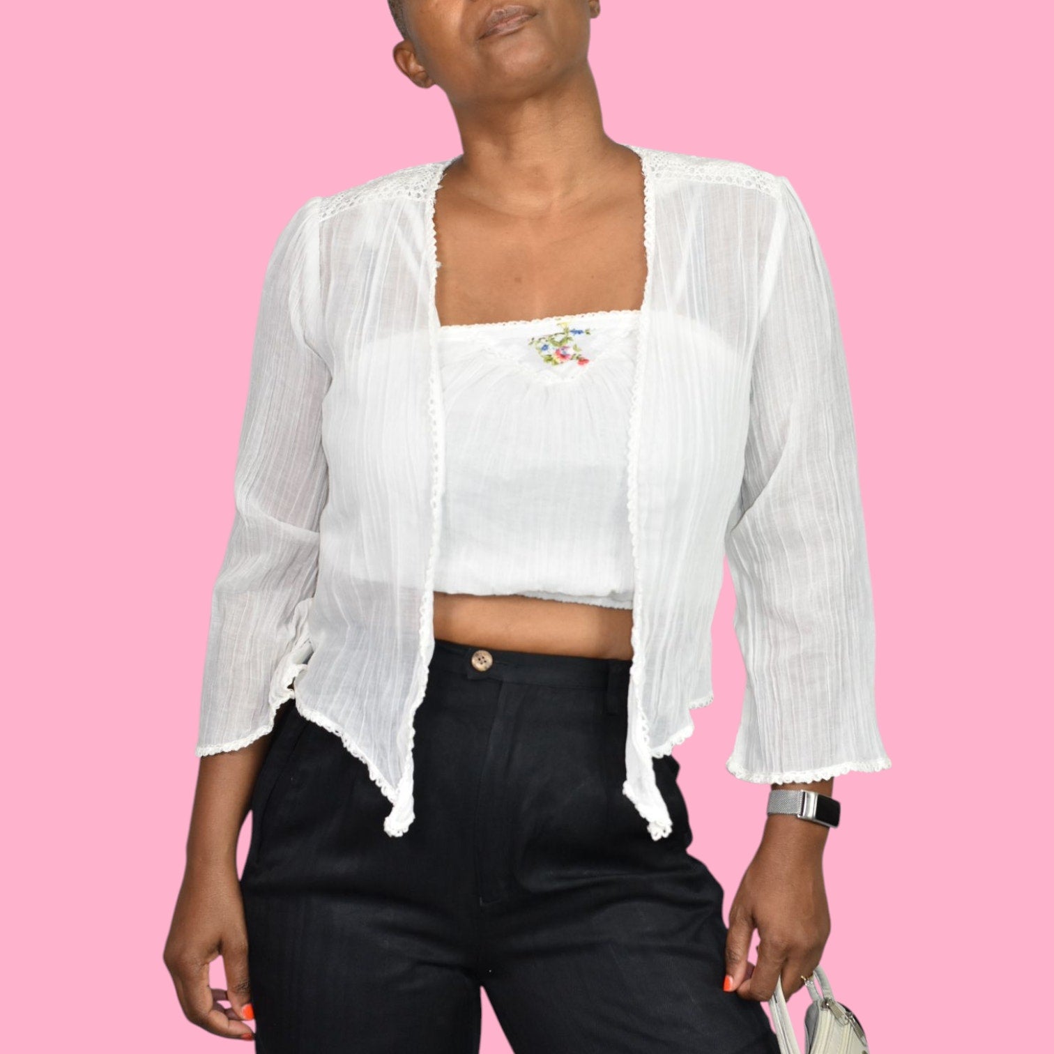 Vintage Spare Parts Crop Top Set White Gauze Cotton Halter Tube Halter Bolero Small