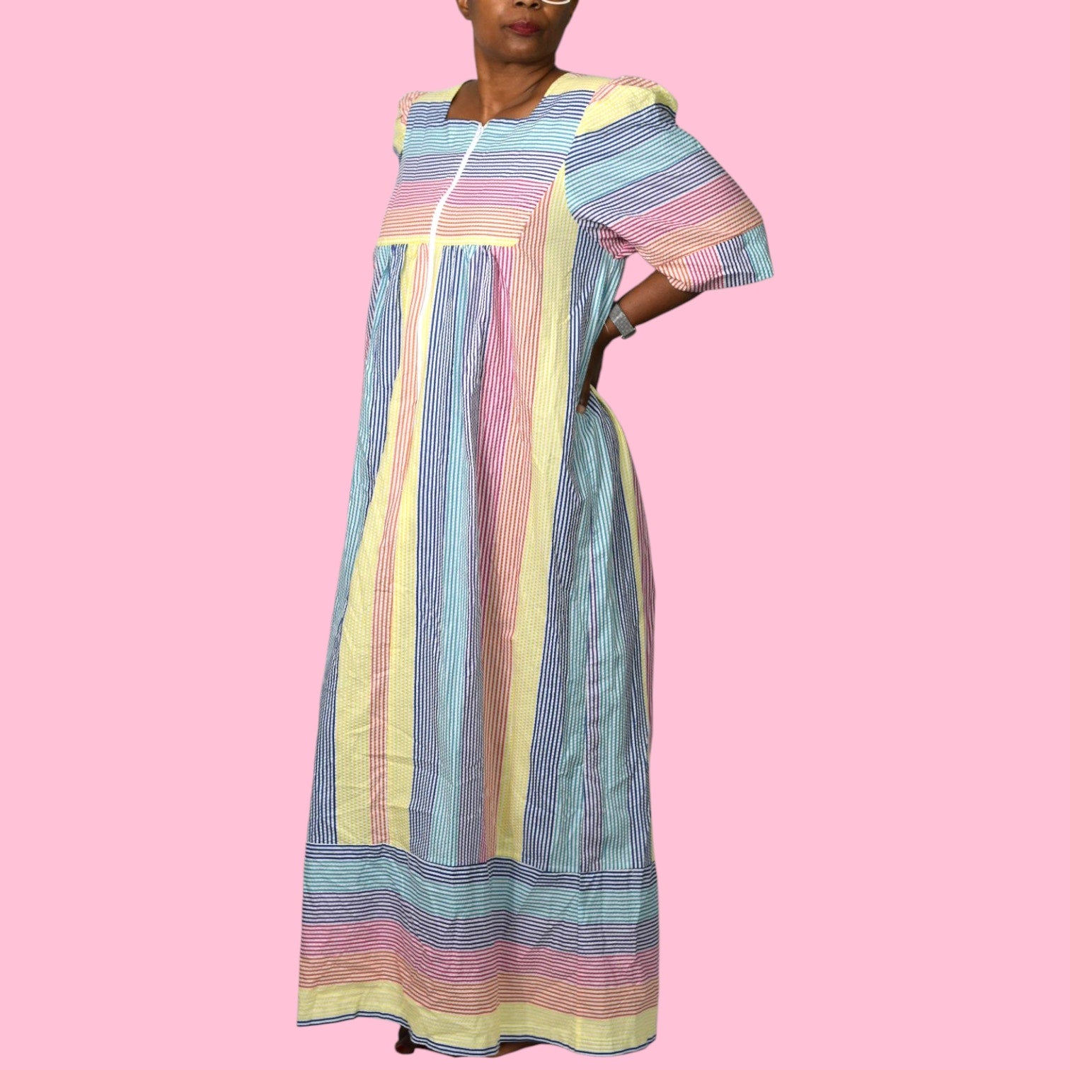 Vintage Saybury Rainbow Stripe Dress Pink Seersucker Sundress Long Patio House Sack Housecoat Muumuu Large