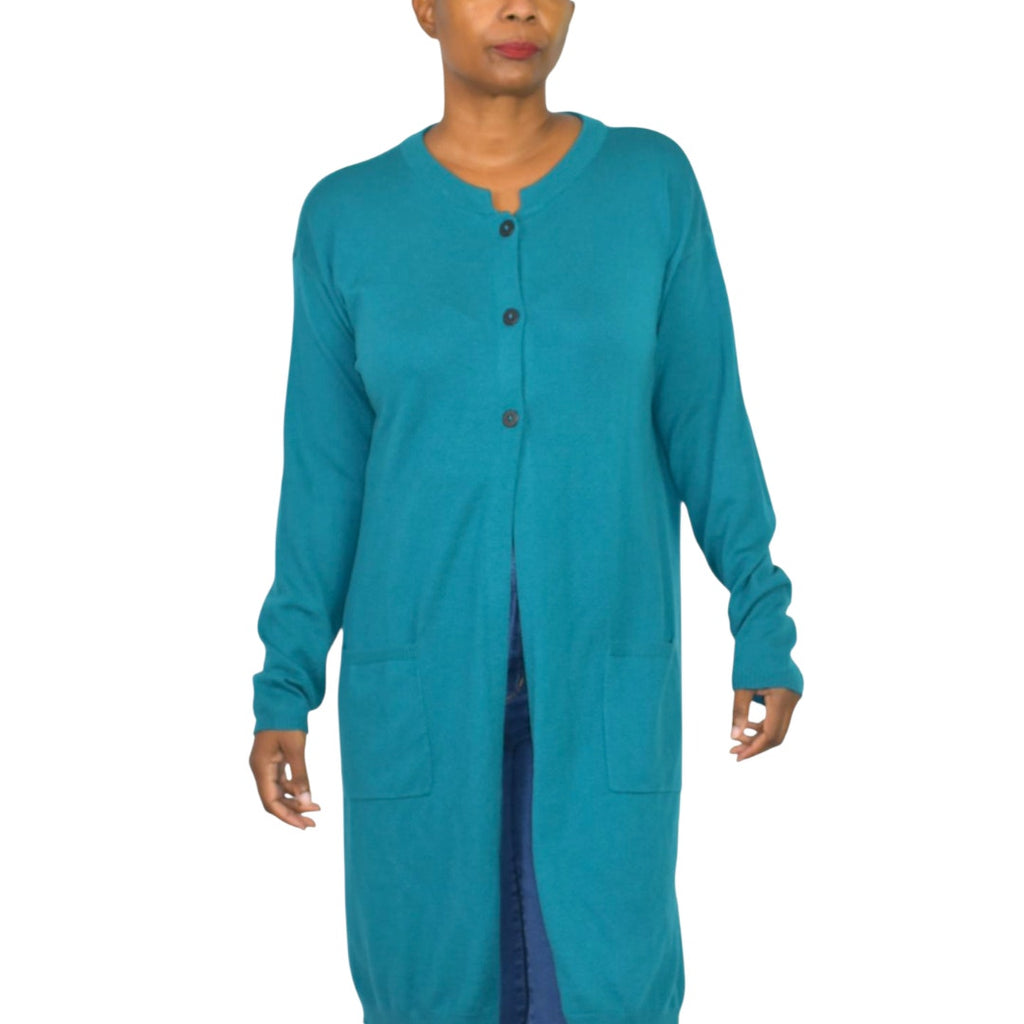 J Jill Longline Cardigan Sweater Green Teal Blue Long Duster Knit Classic Medium