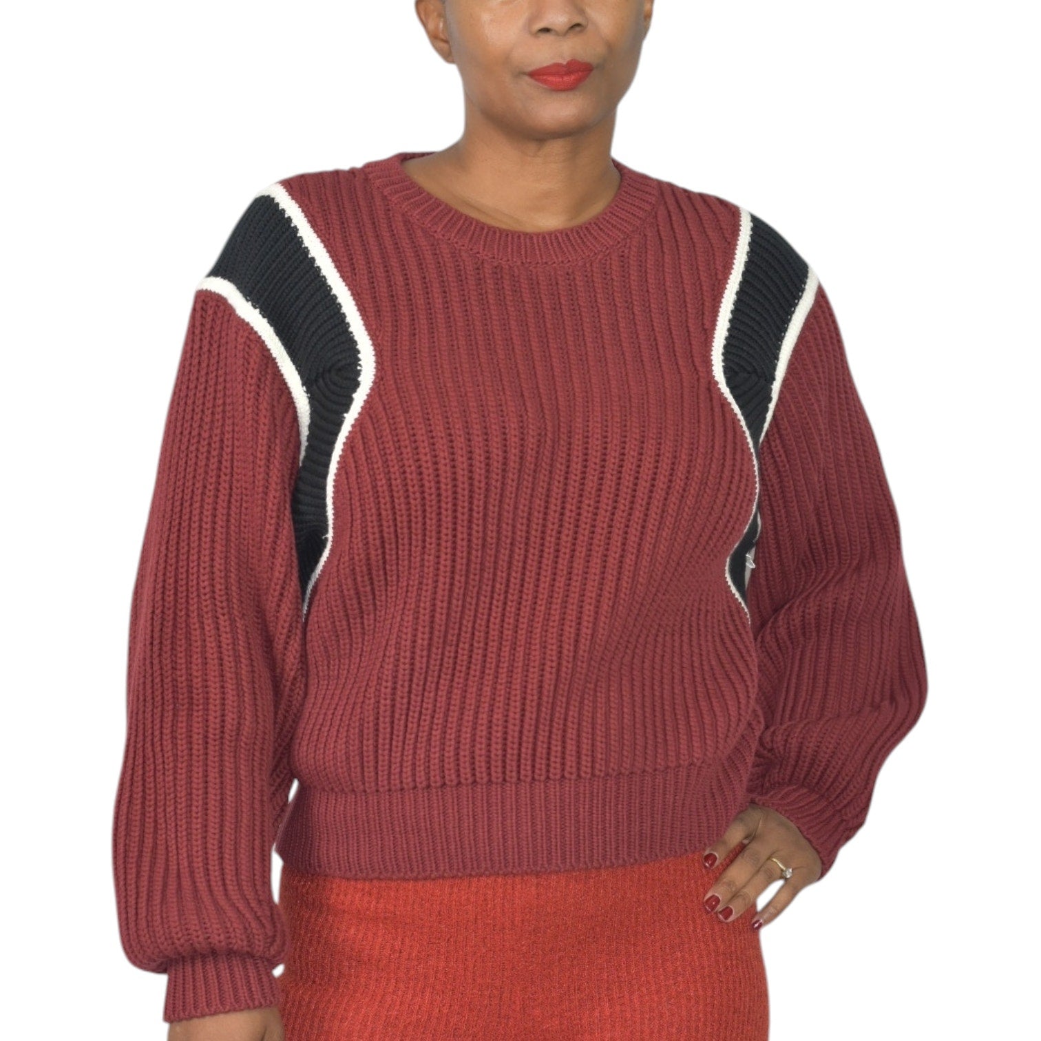 Frame Balloon Sleeve Sweater Red Chunky Fisherman Rib Knit Cropped Colorblock Size Small