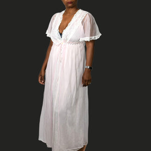 Vintage Katz Peignoir Set Baby Pink Chiffon Sheer Nylon Negligee Gown Robe Large