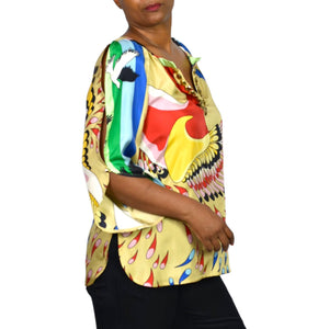 TIBI Silk Printed Tunic Yellow Colorful Peacock Jeweled Studded Blue Cutouts Birds 6