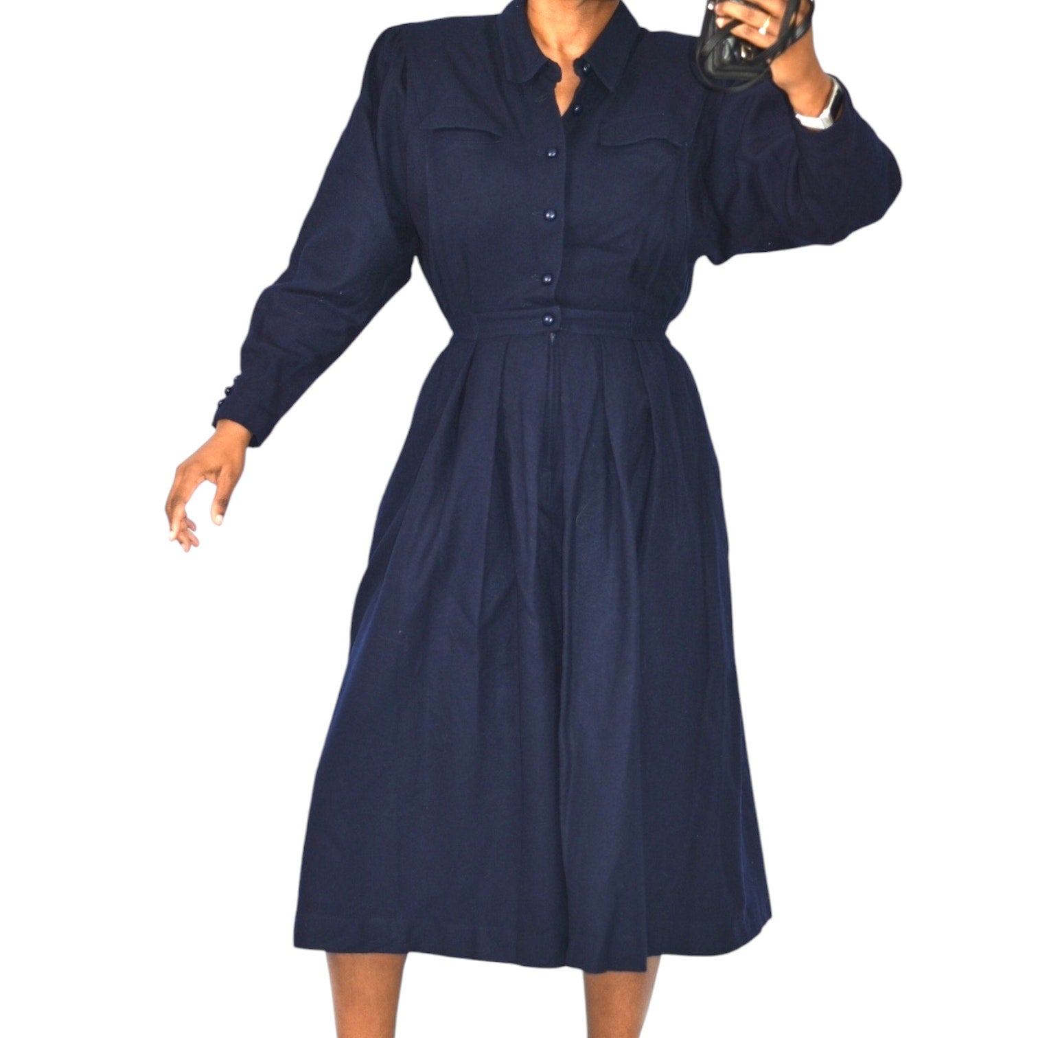 Blue Berry Retro Office Midi Dress Blue Navy Shirt Shoulder Pads Collar Pleated Small 2 4