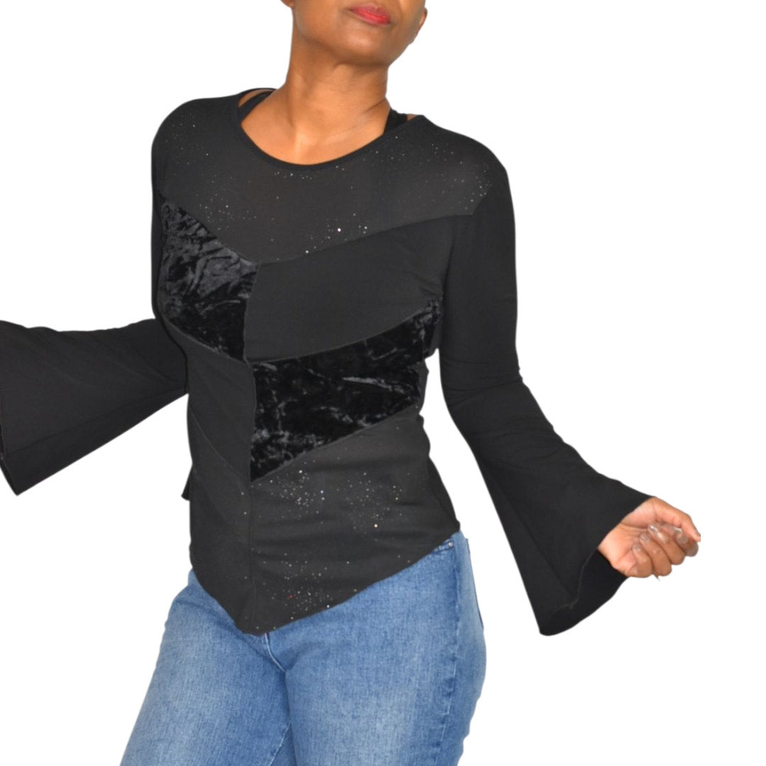Vintage Ludmilla Paris Bell Sleeve Top Black Velvet Sparkle Y2K France Patchwork Small