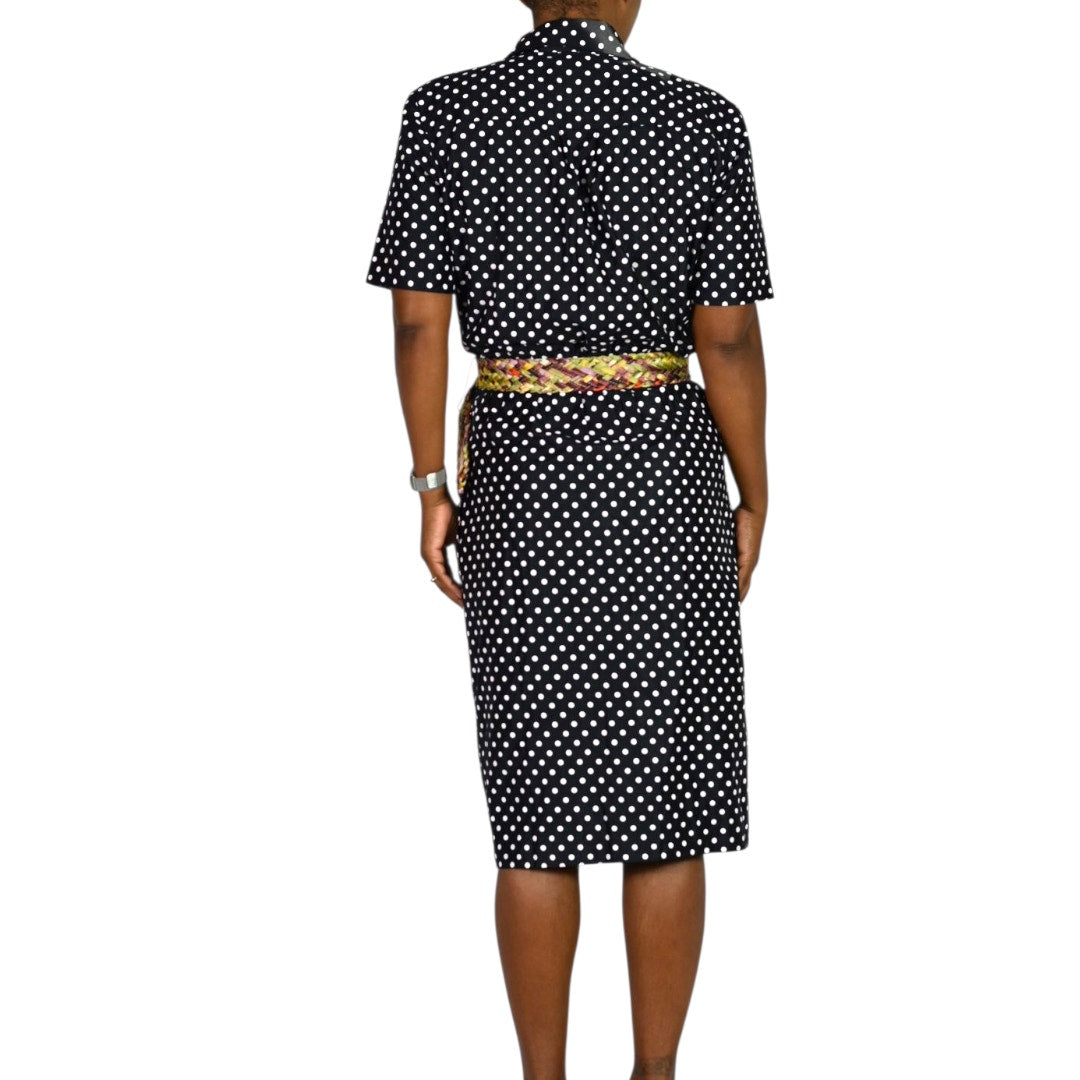 Vintage SG Gilbert Polka Dot Dress Black White Notched Collar Shirtdress Double Breasted 8