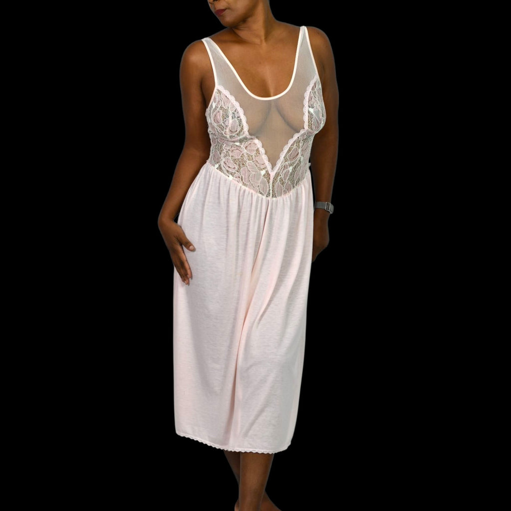 Vintage Victorias Secret Nightgown Pink Crown Label Knit Lace Mesh 80s Gown Sheer Medium