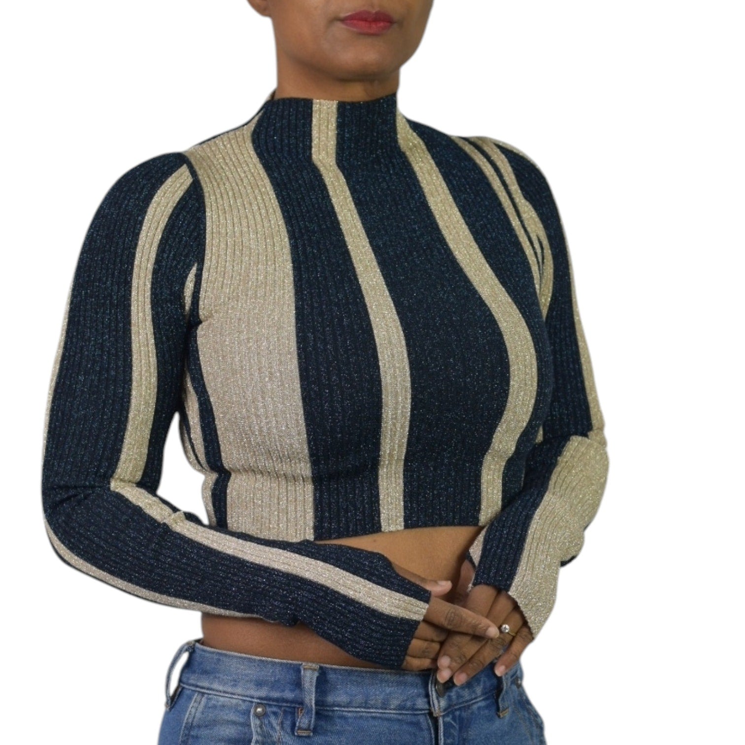 Self Portrait Crop Top Blue Striped Knit Lurex Metallic Shiny Mock Neck Fitted Small