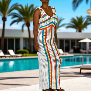 Solid Striped Aubrey Crochet Maxi Cover Up Dress White Rainbow Vertical Stripe Knit Small