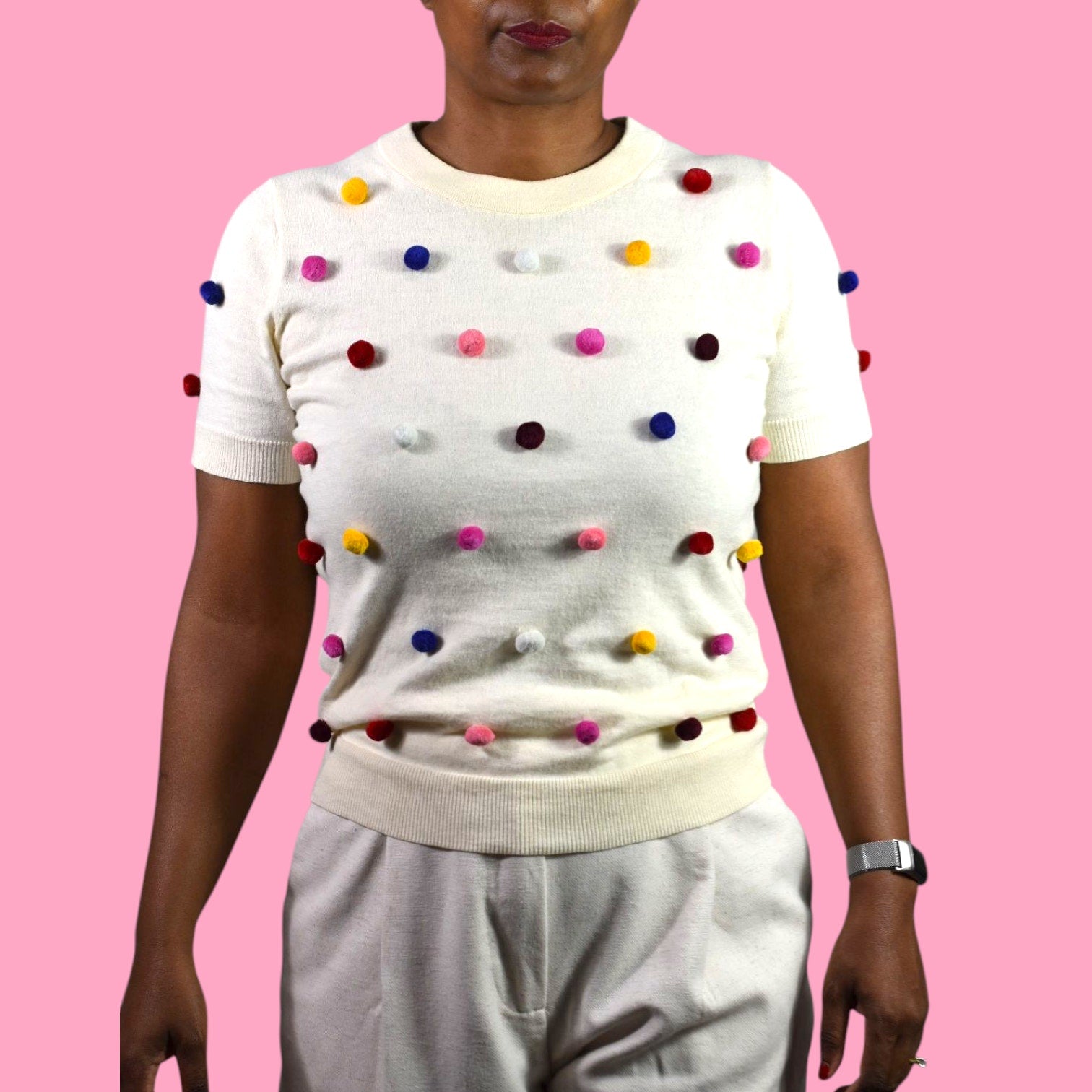 Kate Spade Pom Pom Sweater White Rainbow Colorful Short Sleeve Pullover Embellished Small
